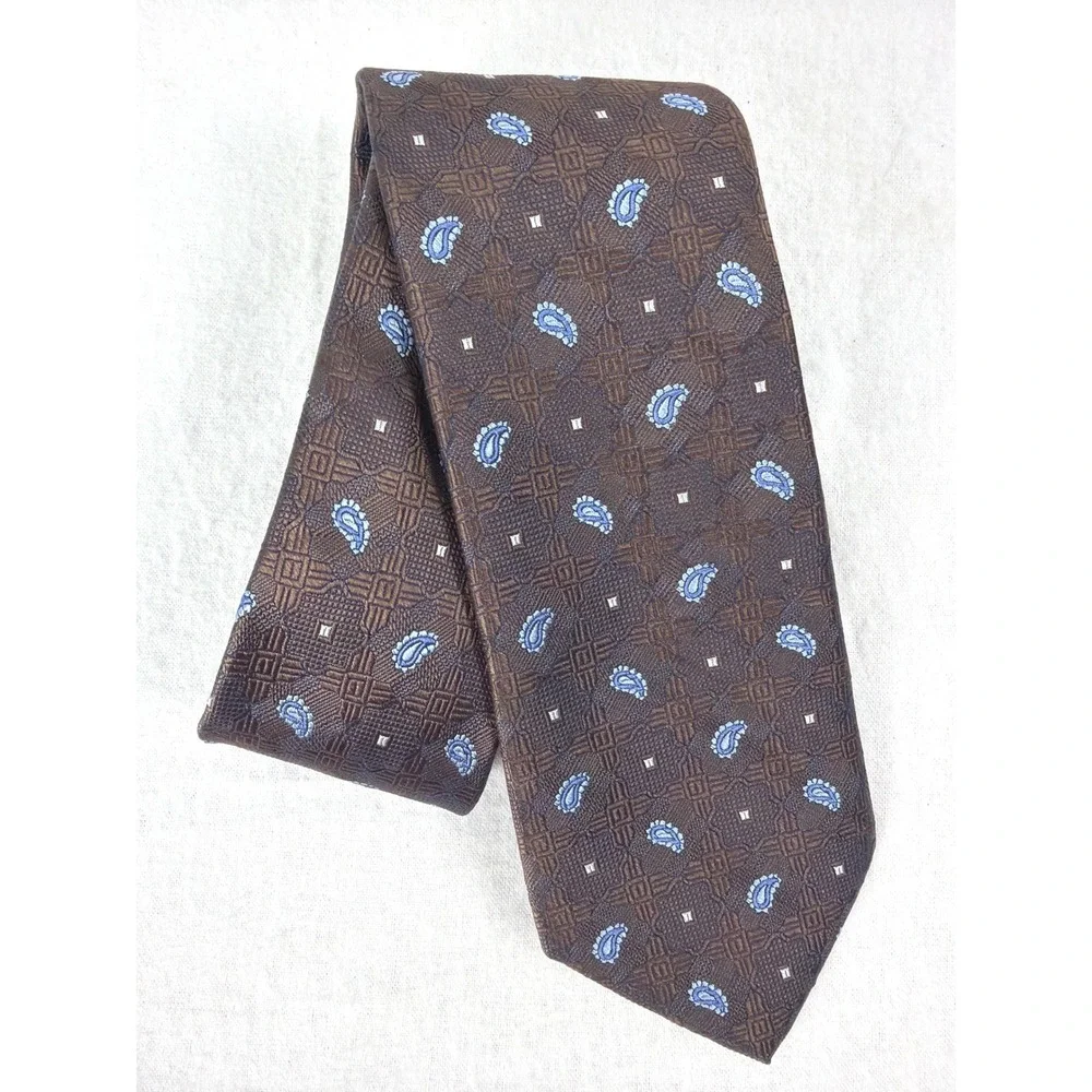 Jos A Bank Traveler Mens Silk Tie Brown Blue Paisley Geometric Stain Resistant